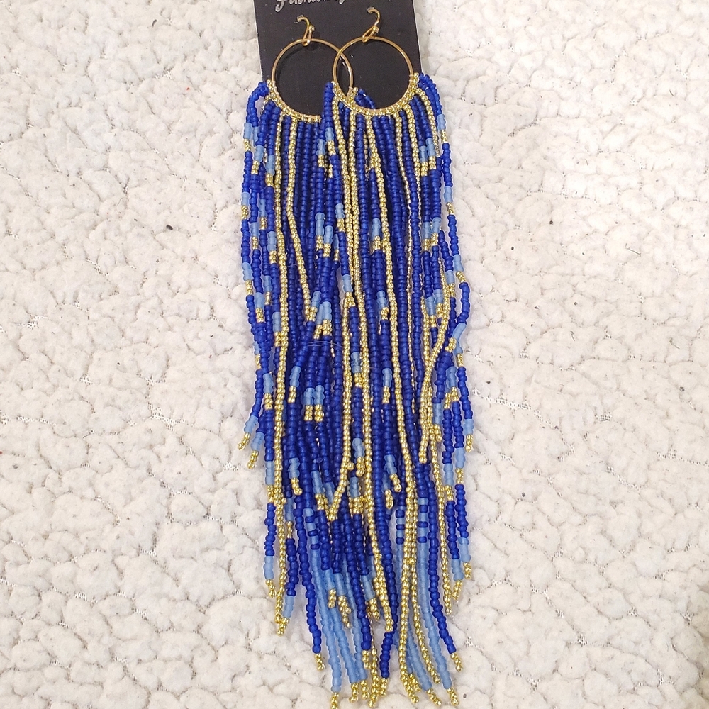 Blue and Gold Beaded Earrings